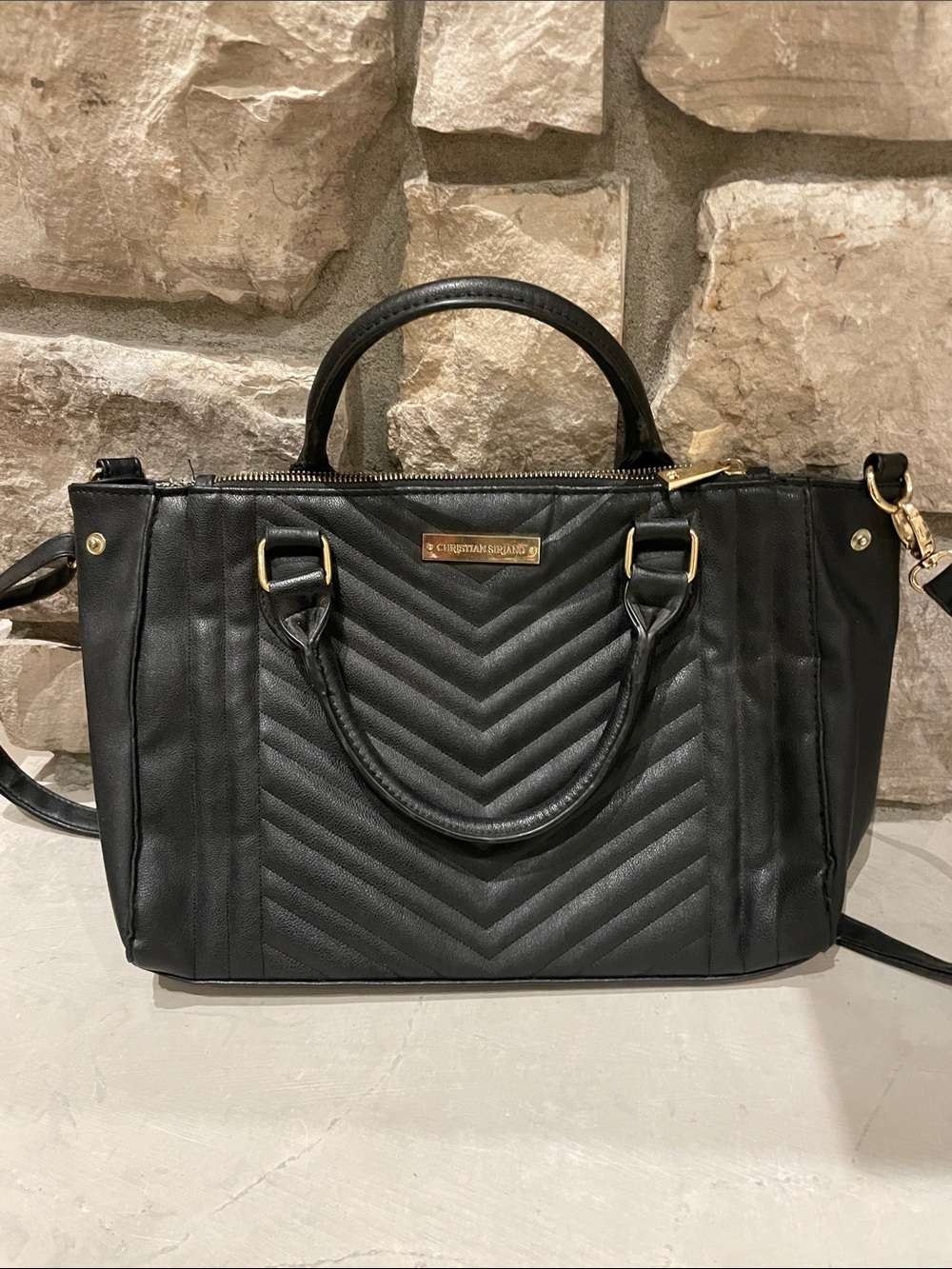 Christian Siriano Black Quilted Chevron Satchel with Gold Hardware